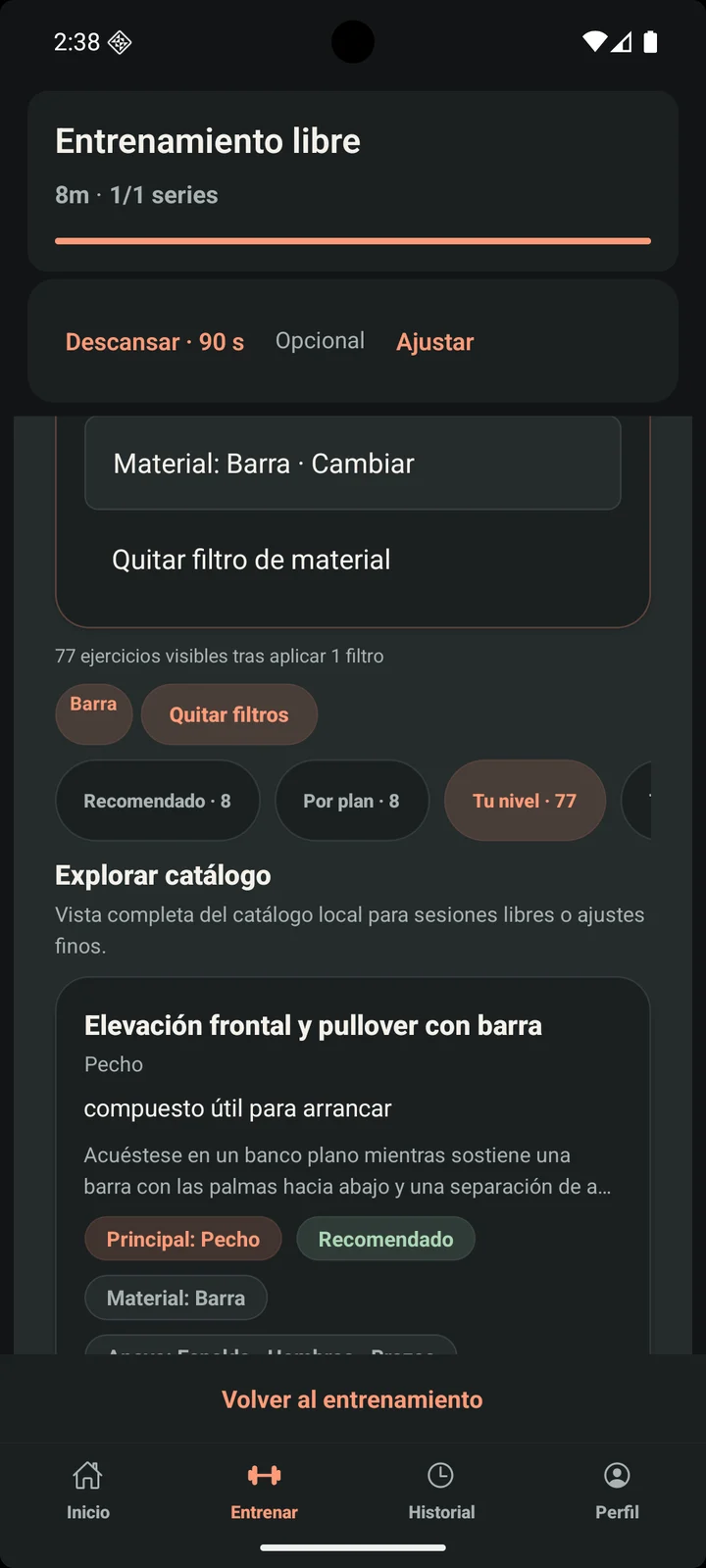 Selector de ejercicios con el filtro de material Barra aplicado