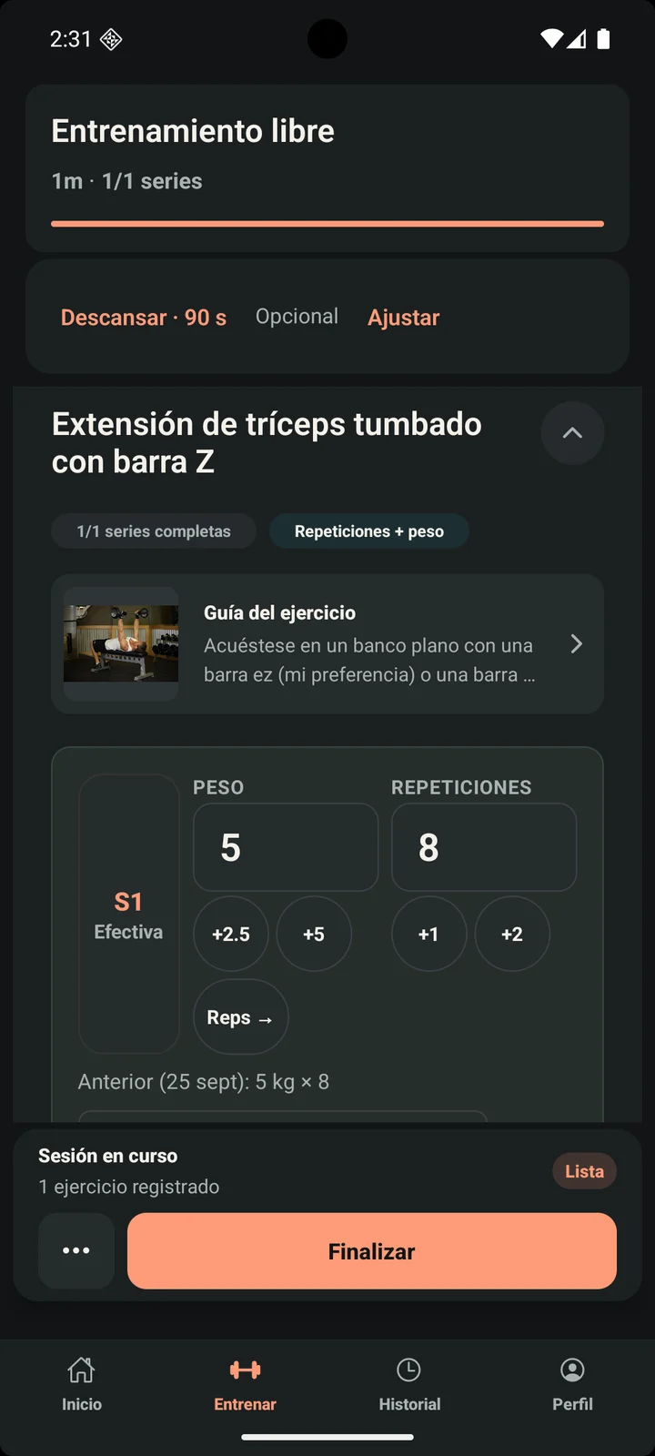 Registro de una serie de prueba en Liftio: 5 kg, 8 repeticiones y referencia de la sesión anterior