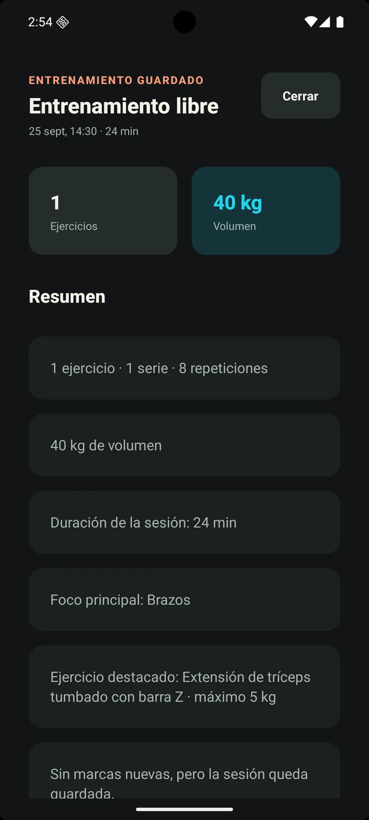Resumen de un entrenamiento de prueba guardado: un ejercicio, una serie y ocho repeticiones