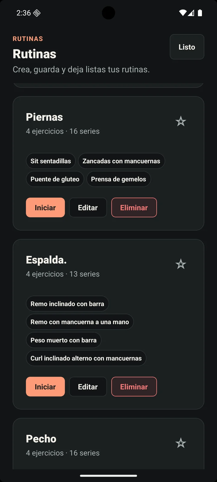 Biblioteca de rutinas de Liftio con acciones Iniciar y Editar